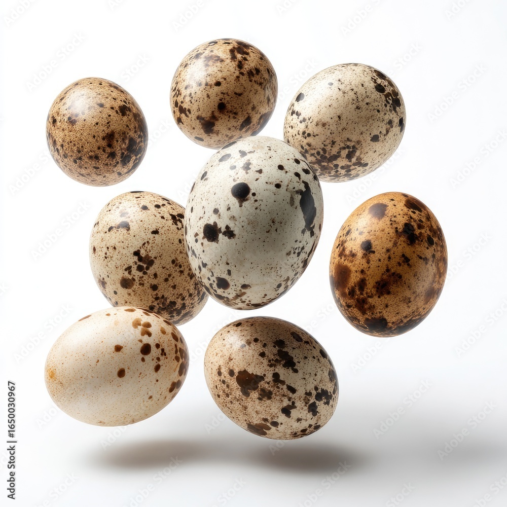 Obraz premium Speckled eggs levitate against white background