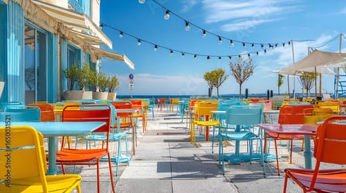 Brightly Colored Outdoor Cafe by the Sea