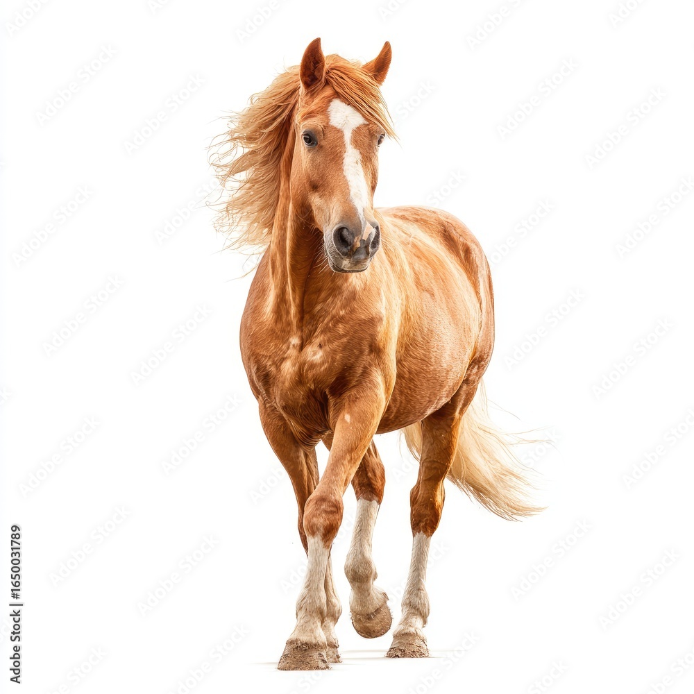 Fototapeta premium Full shot of a light brown horse in motion