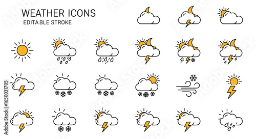 Collection of Modern Flat Weather Icons with Editable Stroke.