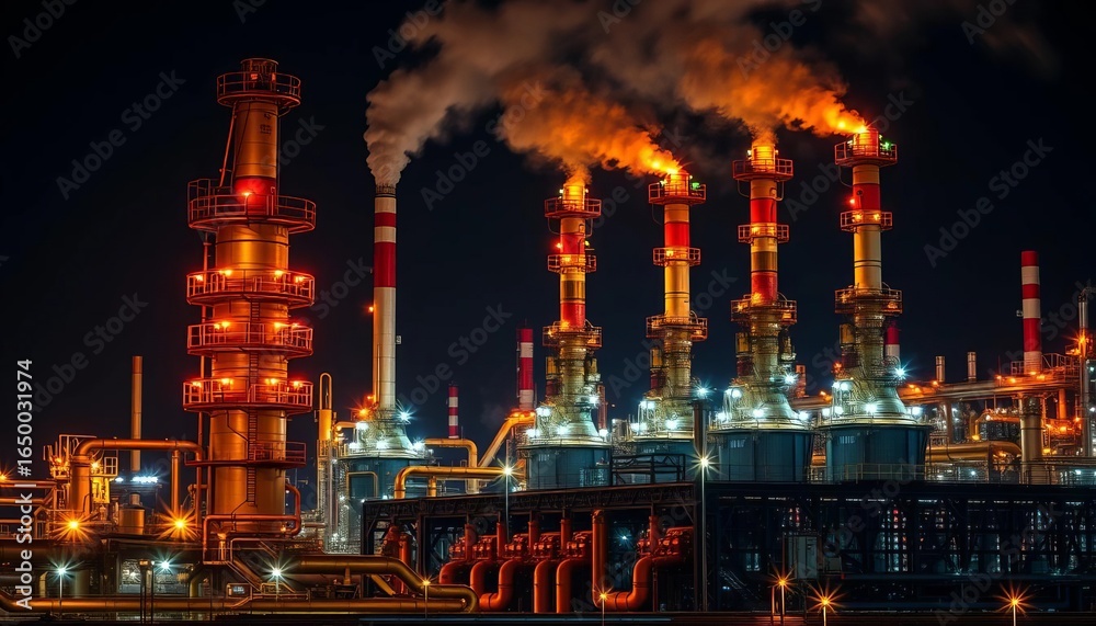 Fototapeta premium Night refinery; glowing lanterns illuminate four delayed coking units, bright lights, vessels