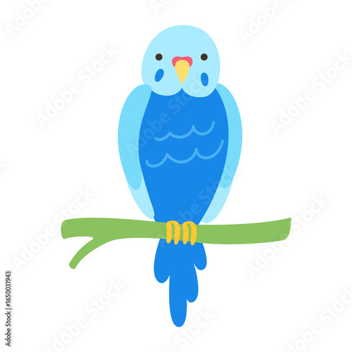 Parrot tropical cartoon illustration. Exotic bright budgerigar blue parrot childish trendy art for kids, sticker card, poster cover. Wildlife jungle Hawaiian cute bird funny vivid vector character