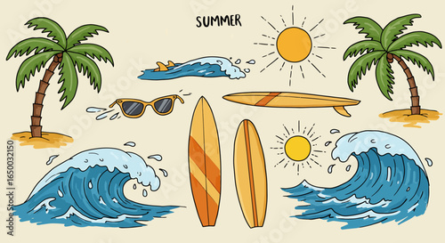 Colorful handdrawn summer beach doodle set with surfboards palm trees ocean waves and sun icons.