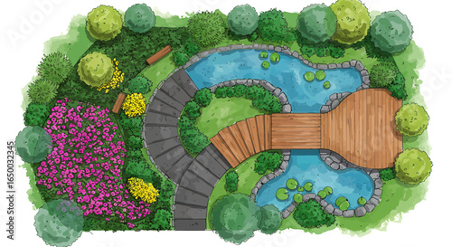 Detailed landscape design drawing with a winding pond wooden footbridge stone walkway and lush greenery.