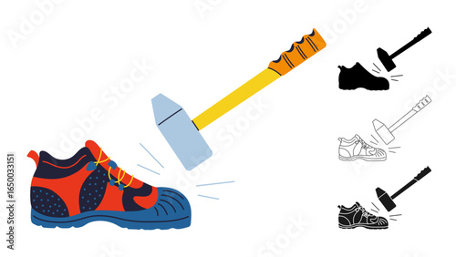 Safety protective shoes for a construction worker. Metal toe cap in work boot. Hammer falls on foot sign. Worker footwear builder mechanic plumber carpentry service Professional shoes vector