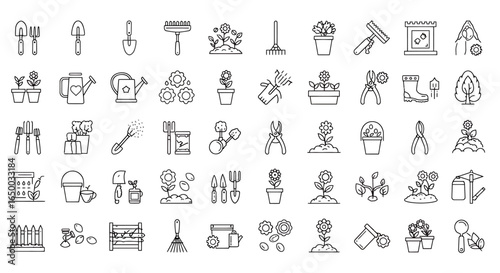 Gardening equipment and horticulture elements icon set in a clean outline style.