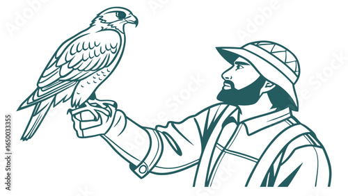 Linear Handdrawn Arab Man Holding Falconry Bird Line Art Illustration