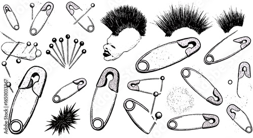 Handdrawn punk rock elements set featuring textured safety pins needles and a mohawk.