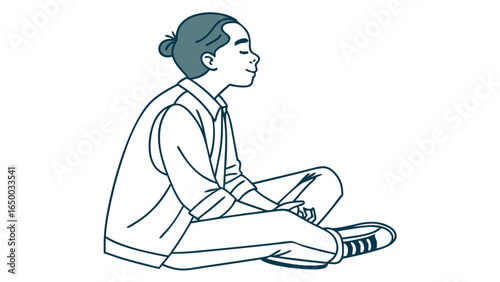 Minimalist Outline Contemplative Man Sitting Cross Legged in Casual Attire Illustration