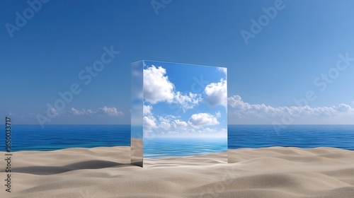 A reflective cube sits on sandy shore under a bright blue sky and calm ocean waves.