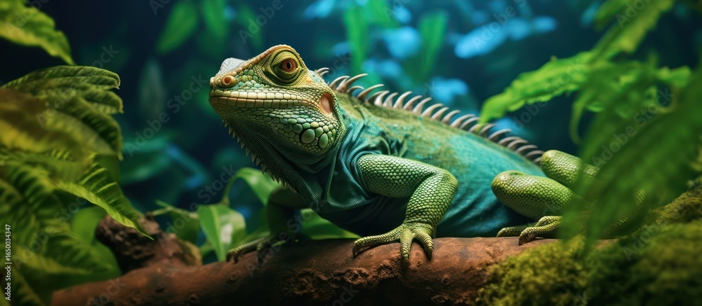 Fototapeta premium crisp high-resolution image, detailed green lizard, tropical rainforest setting, lush foliage, vibrant colors, natural lighting, photorealistic, 8k, award-winning wildlife photography