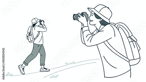 Line Art Young Woman Taking Picture With Digital Camera Illustration