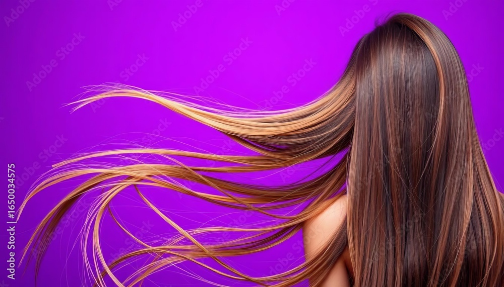 Naklejka premium Long brunette hair flowing, vibrant purple backdrop, long hair, photographic