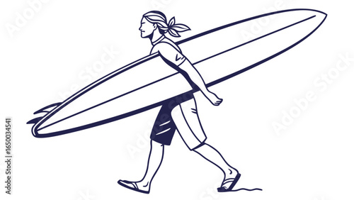 Line Art Surfer Girl Carrying Surfboard on Beach Summer Illustration