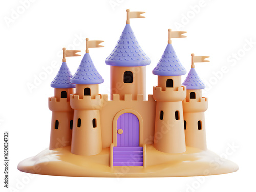 Orange castle with purple roofs and flags isolated on a transparent background image