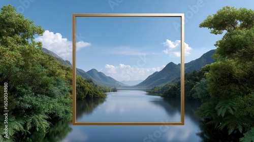 Serene landscape framed by nature with lush greenery and calm water reflections.