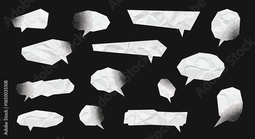 Set of geometric speech bubbles with crumpled paper texture and halftone dot pattern.