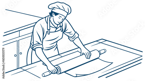 Line Art Focused Female Baker Rolling Dough Food Preparation Illustration