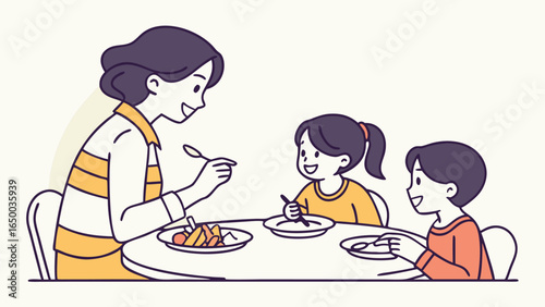 Flat Style Illustration of Happy Family Having Meal at the Table