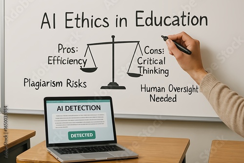 Concept showing AI ethics in education, illustrating the pros, cons, and detection system.