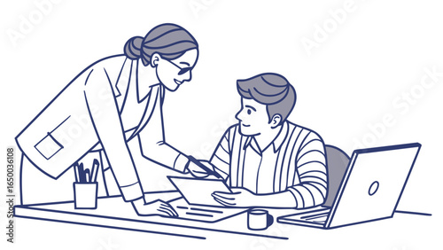 Outline Handdrawn Two Business People Discussing Project at Office Illustration