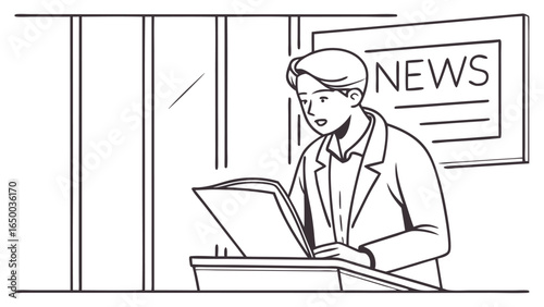 Handdrawn Outline Journalist Reading News in Studio Illustration