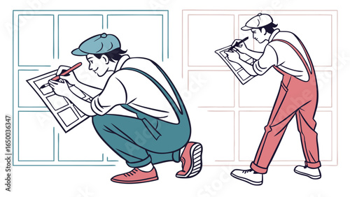 Illustration Handdrawn Male Worker Inspecting Building Plan Near Window Architecture