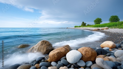 Tranquil beach scene with smooth pebbles and gentle waves under a blue sky.