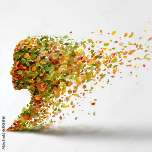 Abstract woman's profile, filled with autumn leaves blowing away