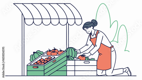 Minimalist Line Art Woman Arranging Fresh Produce at Farmer's Market Stall