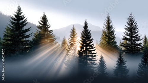 Majestic forest scene with sun rays piercing through tall evergreen trees.