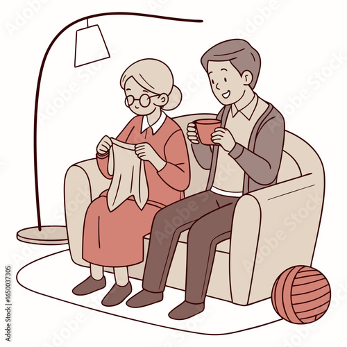 Elderly couple knitting and drinking tea yarn ball of yarn