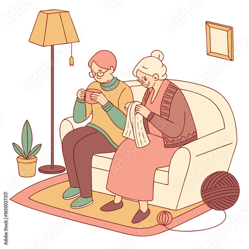 Elderly couple knitting and drinking tea yarn living room