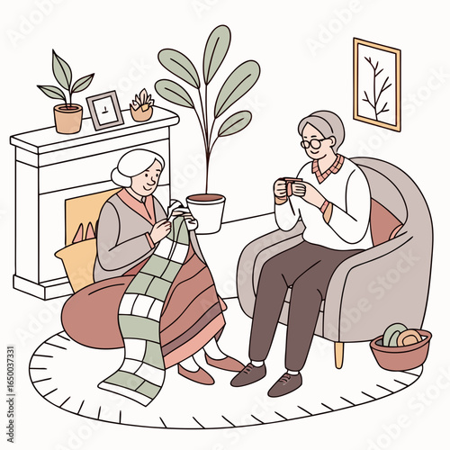 Elderly couple knitting together yarn blanket