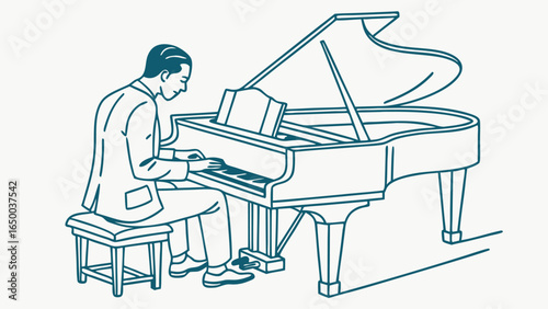 Minimalist Outline Man Playing Grand Piano Musical Instrument Illustration