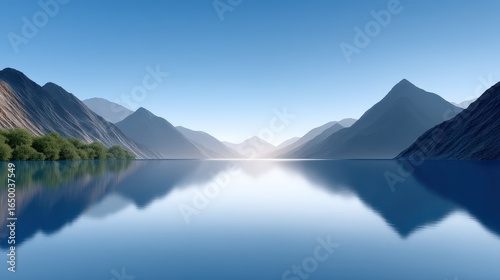 Serene lake nestled between majestic mountains under a clear blue sky.