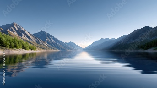 Serene lake reflecting majestic mountains under a clear blue sky.