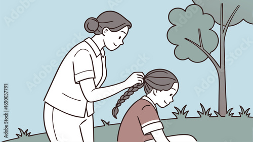 Minimalist Line Art Mother Braiding Daughter Hair Outdoors Illustration