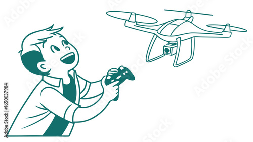 Outline Cartoon Boy Controlling Drone with Remote Controller Illustration