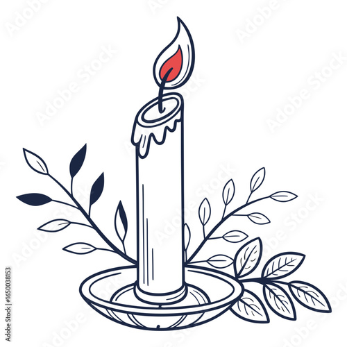 Tall candle with red flame and leafy branches burning