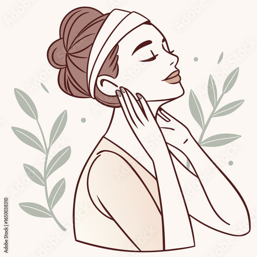 Woman with hair bun and leaves face