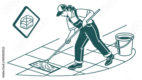 Line Art Cleaning Lady Mopping Floor with Equipment Icon Illustration