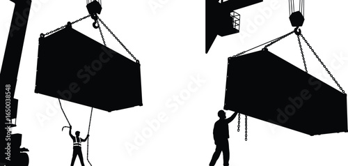 Multiple workers lifting containers with crane silhouette vector for logistics and transport