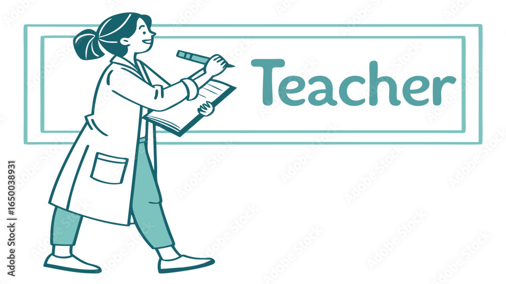 Fototapeta premium Line Art Cheerful Teacher Writing Illustration Holding Book Education Design