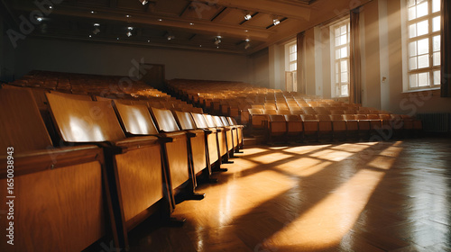 Empty Wooden Lecture Hall with Sunlight Streaming Through Windows