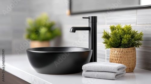 Elegant modern bathroom sink with black bowl and stylish towel display.