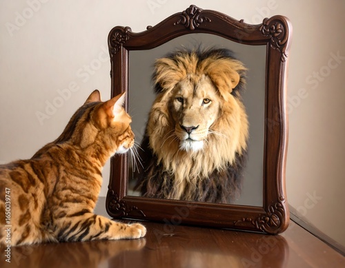 Bengal cat facing its inner strength reflected as a majestic lion in a mirror
