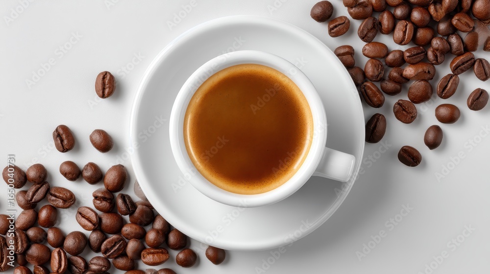 Fototapeta premium A steaming cup of coffee on a white background with roasted beans around it.