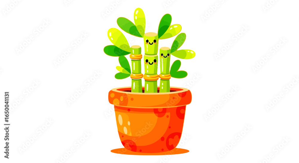 Obraz premium Cartoon lucky bamboo plants in pot with smiling faces