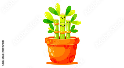 Cartoon lucky bamboo plants in pot with smiling faces